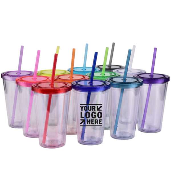 A 16-ounce double-wall acrylic tumbler with a screw-on lid and matching straw. Perfect for keeping drinks cold and promoting your brand.