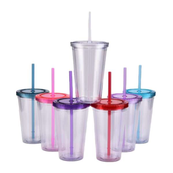 A 16-ounce double-wall acrylic tumbler with a screw-on lid and matching straw. Perfect for keeping drinks cold and promoting your brand.