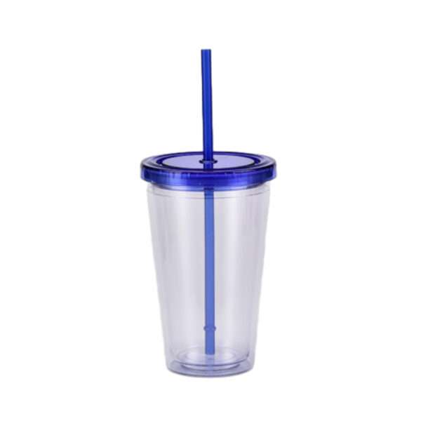 A 16-ounce double-wall acrylic tumbler with a screw-on lid and matching straw. Perfect for keeping drinks cold and promoting your brand.