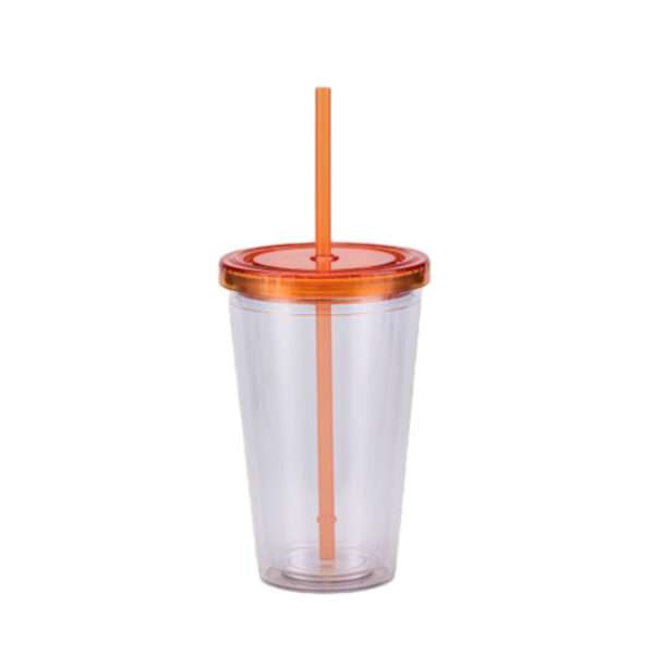 A 16-ounce double-wall acrylic tumbler with a screw-on lid and matching straw. Perfect for keeping drinks cold and promoting your brand.