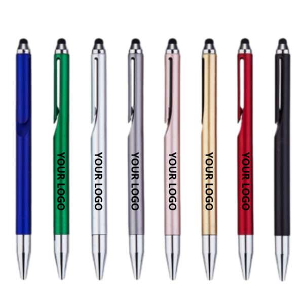 Versatile DualTask Twist-Action Stylus Pen in multiple colors with customizable logo imprint.