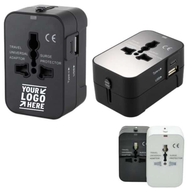 Universal travel adapter with USB-A and USB-C ports and interchangeable plugs