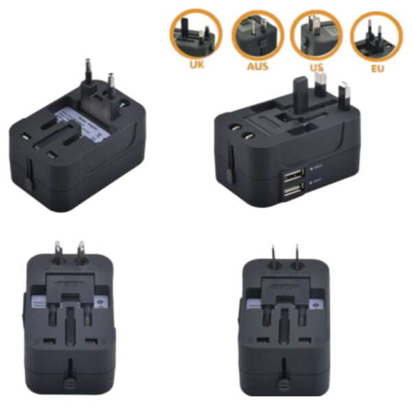 Universal travel adapter with USB-A and USB-C ports and interchangeable plugs