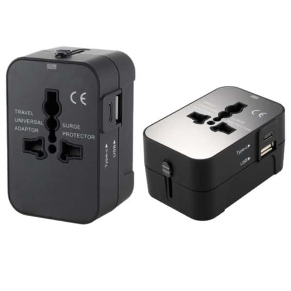 Universal travel adapter with USB-A and USB-C ports and interchangeable plugs