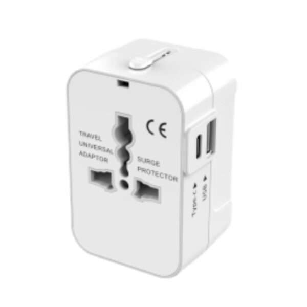 Universal travel adapter with USB-A and USB-C ports and interchangeable plugs