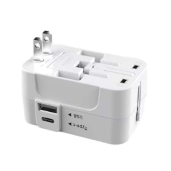 Universal travel adapter with USB-A and USB-C ports and interchangeable plugs