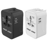 Universal travel adapter with USB-A and dual USB-C ports and interchangeable plugs