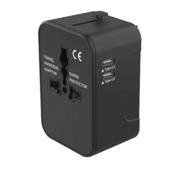 Universal travel adapter with USB-A and dual USB-C ports and interchangeable plugs