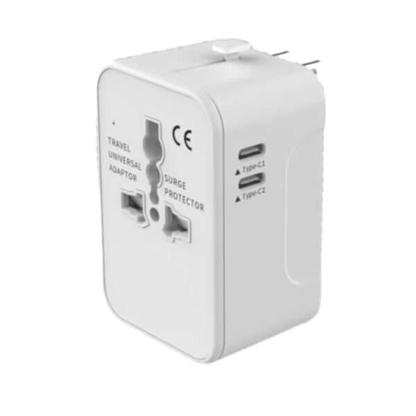 Universal travel adapter with USB-A and dual USB-C ports and interchangeable plugs