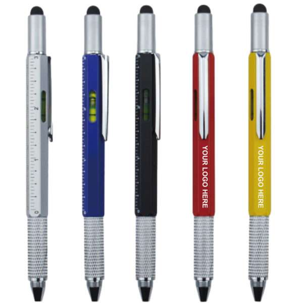 Multi-tool pen with stylus, screwdrivers, ruler, and level