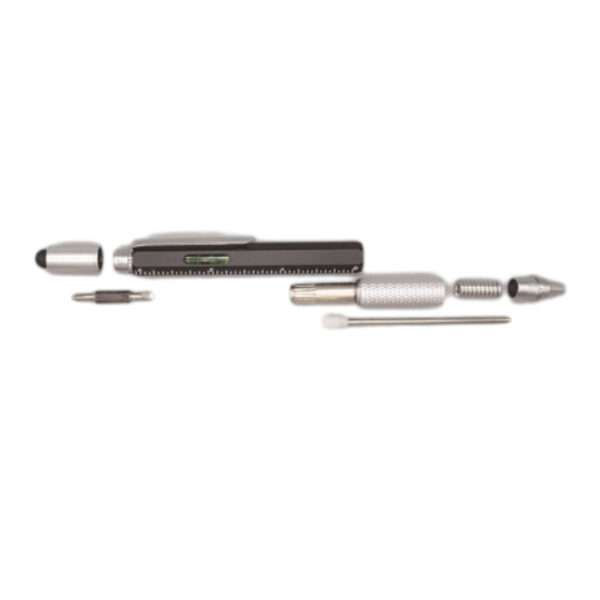 Multi-tool pen with stylus, screwdrivers, ruler, and level