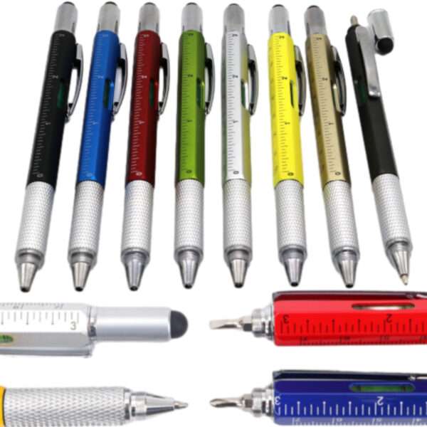 Multi-tool pen with stylus, screwdrivers, ruler, and level