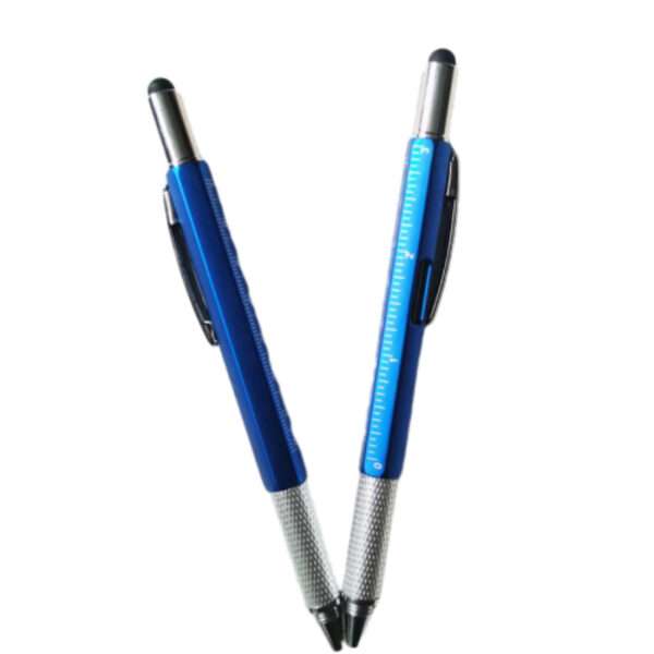 Multi-tool pen with stylus, screwdrivers, ruler, and level