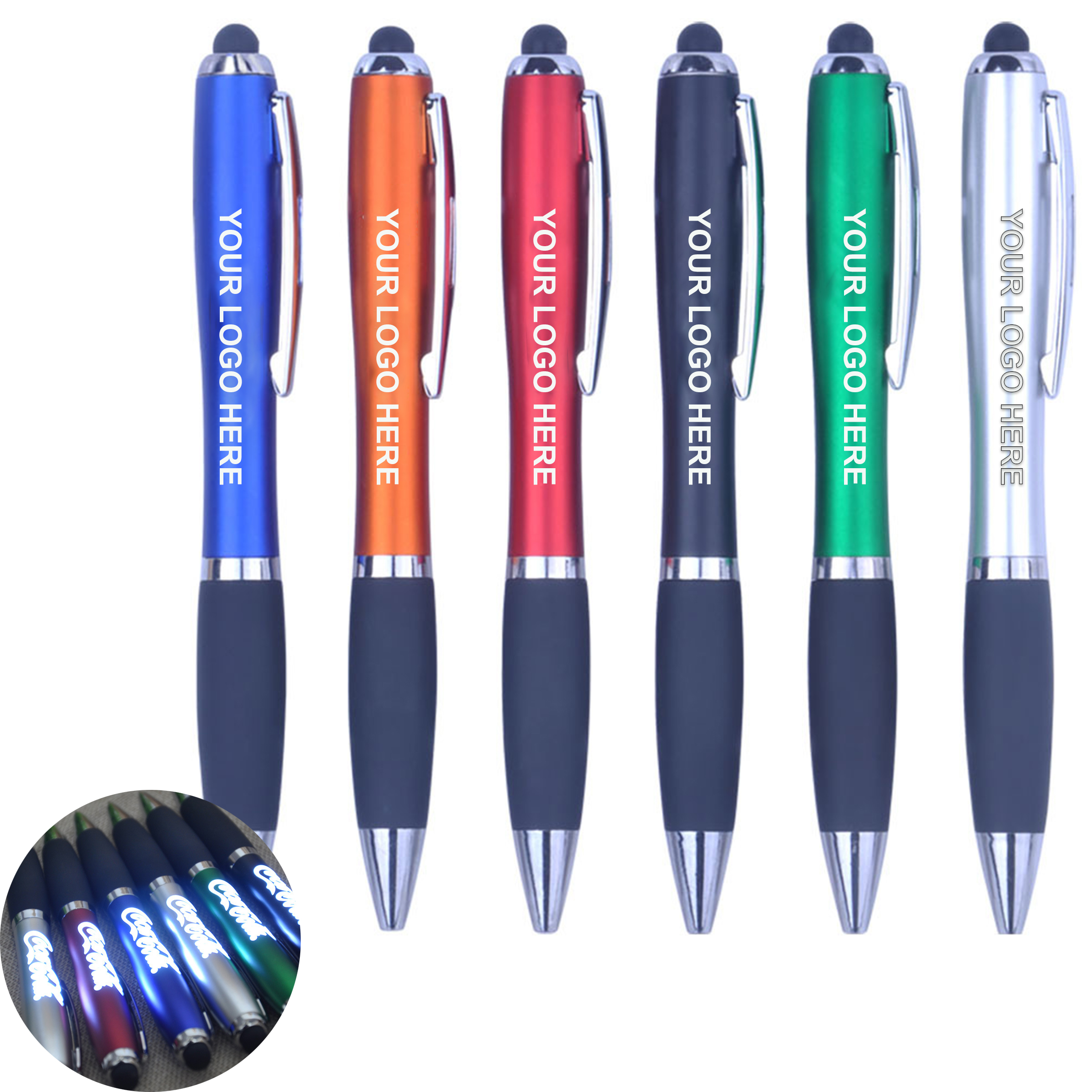 Laser Logo Light-Up Stylus Pen with illuminated logo, twist-action, stylus tip, and integrated batteries.