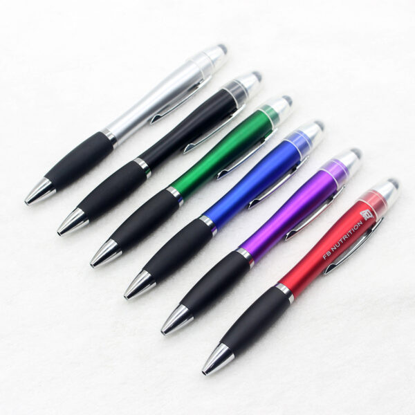 Laser Logo Light-Up Stylus Pen with illuminated logo, twist-action, stylus tip, and integrated batteries.