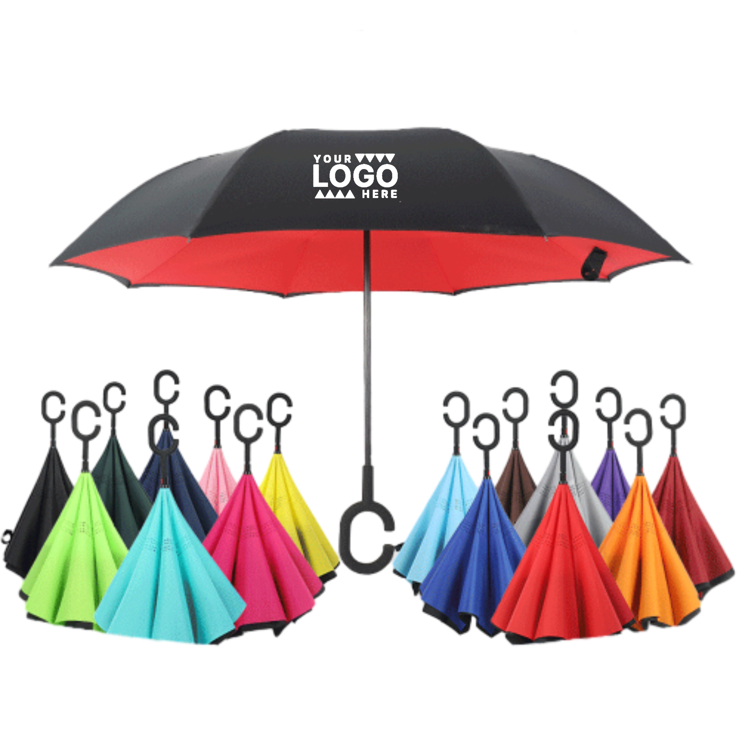 Inverted promotional umbrella with customizable logo space and colorful interior