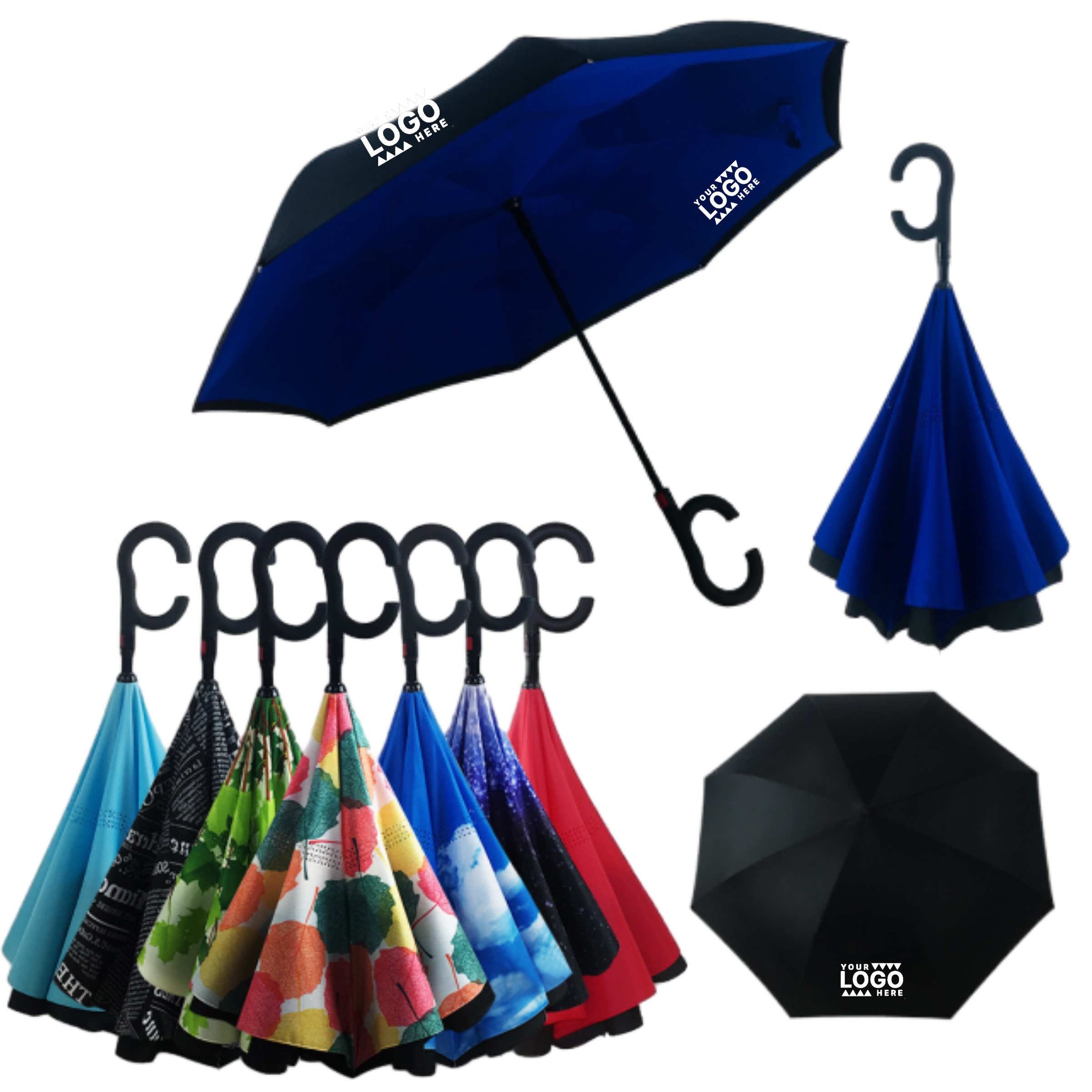 Automatic inverted promotional umbrella with customizable logo space and colorful interior