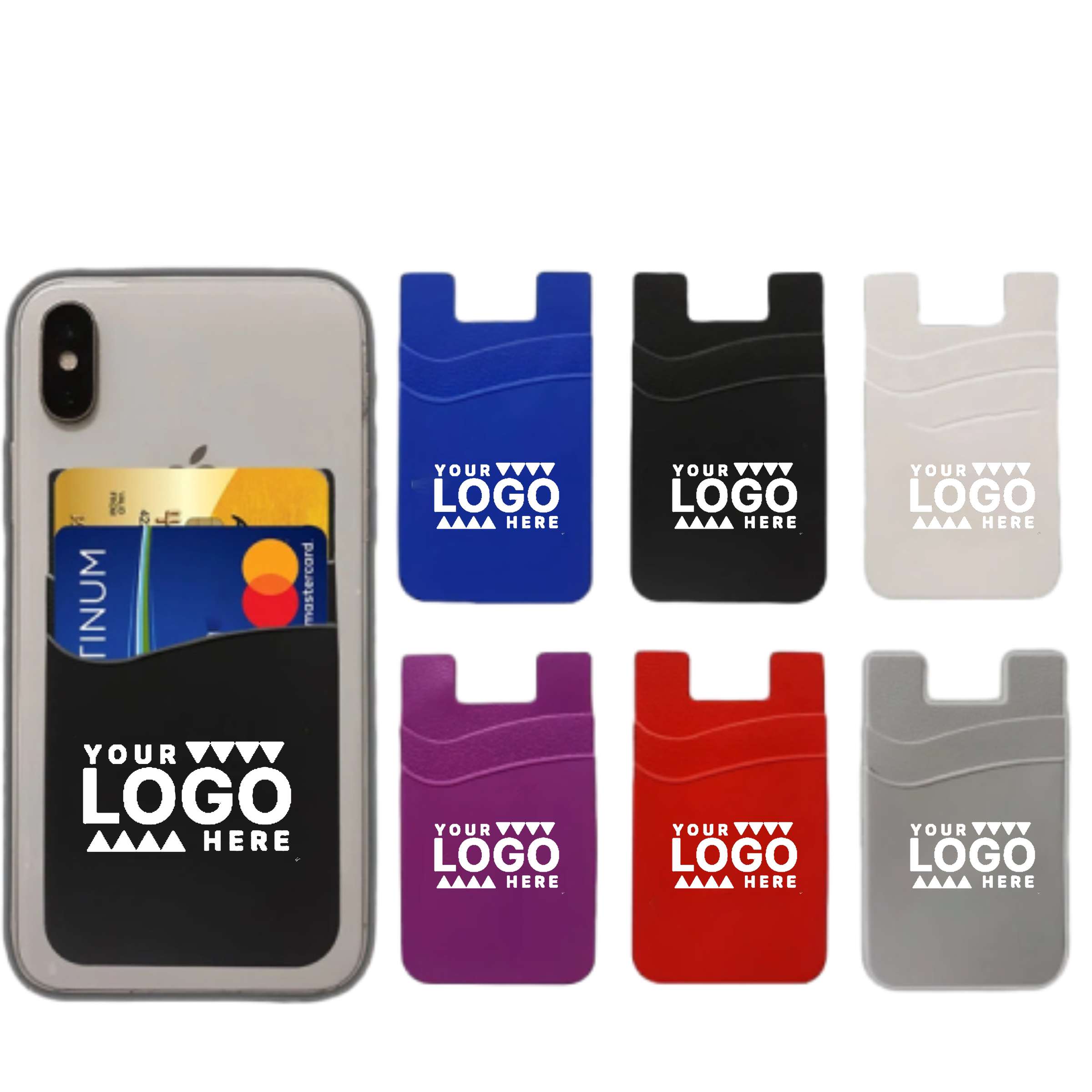 Customizable double-layer silicone phone wallets in red, blue, black, and green with logos.