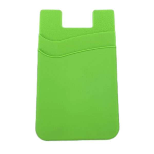 Customizable double-layer silicone phone wallets in red, blue, black, and green with logos.