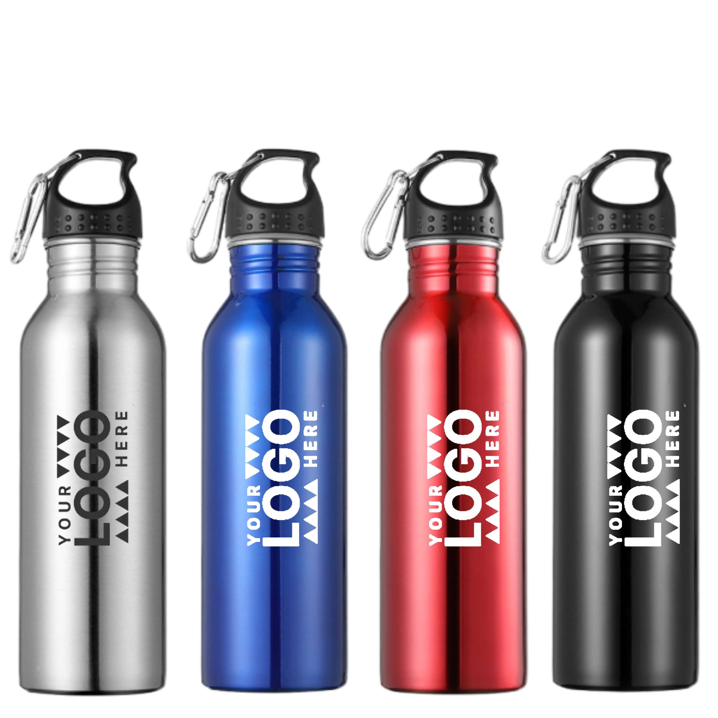 Customizable stainless steel water bottles with carabiner in four colors