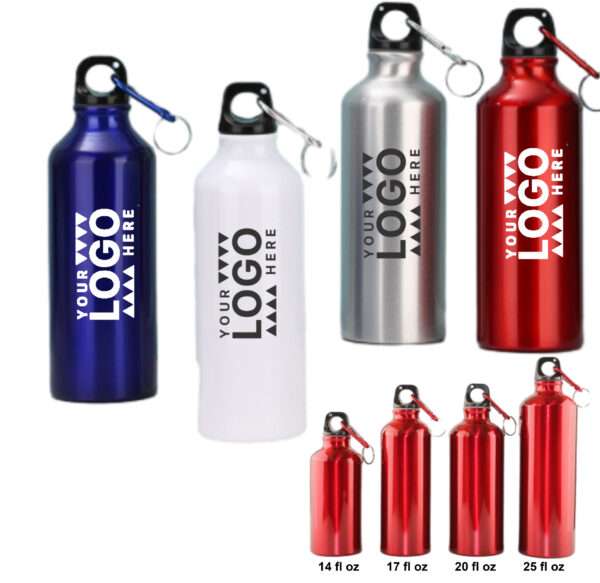 Aluminum water bottles with resin-coated interior, carabiner, and custom logo imprint, available individually in four sizes