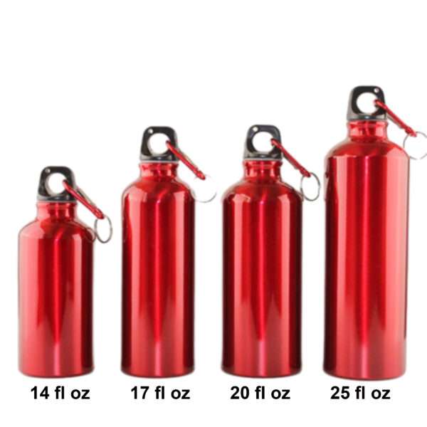 Aluminum water bottles with resin-coated interior, carabiner, and custom logo imprint, available individually in four sizes