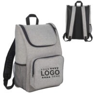 Gray 15-inch laptop backpack with padded sleeve, front pocket for custom imprint, and mesh side pockets.