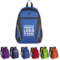 Customizable school backpack with padded shoulder straps and logo imprint area. Ideal for school use and promotional giveaways.