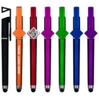 3-in-1 multifunctional pen with stylus, phone stand, and customizable logo or QR code for promotional use.