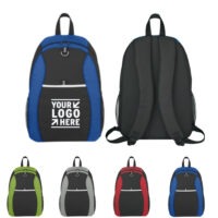 Promotional backpack with padded straps, side mesh pockets, and front pocket.