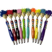 A colorful smiley face stylus pen with a ballpoint tip and microfiber hair that cleans screens, perfect for branding and giveaways.
