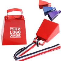 Customizable 4-inch metal cowbell with ribbon strap, ideal for events and brand promotion.