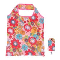 Full color polyester carryall that folds into a compact pouch with an integrated hook, showcasing a vibrant design.