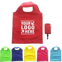 Foldable polyester shopping bag with pouch and clip, available in multiple colors.