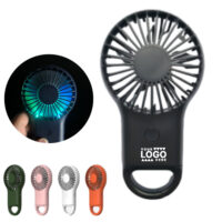 Portable handheld fan with LED lights and carabiner hook for easy carry.