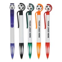 Fun soccer ball-shaped cap pen, customizable with logo for promotional use.
