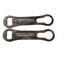 Powder-coated dog bone-style bottle opener with dual-sided full-color logo printing.
