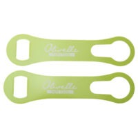 Two lime-green dog-bone style metal bottle openers with white silkscreen logo on green background.