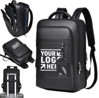 PU leather laptop backpack with structured design, USB charging port, and multiple organized compartments