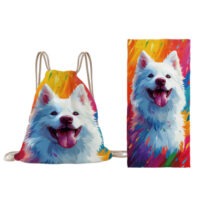 Foldable microfiber towel that folds into an integrated drawstring backpack.