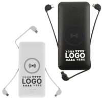5000mAh portable power bank with wireless charging, built-in AC plug, and three integrated cables for phones and tablets