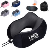 Travel Comfort Set including memory foam neck pillow, 3D sleep mask, earplugs, and black storage bag.