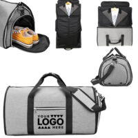 Convertible garment duffel bag shown folded and unfolded with shoe compartment.