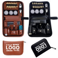 Golf accessory set displayed open showing organized tools inside a zippered PU leather case.