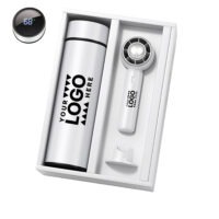 Insulated stainless steel water bottle with Celsius temperature display and rechargeable handheld fan gift set.