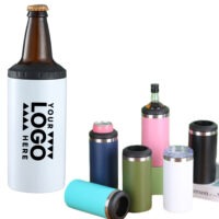 Insulated stainless steel drink holder with two lids for cans bottles and direct drinking.