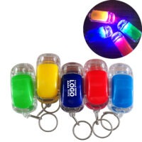 Light-up car keychain with clear shell and colorful body showing flashing LED lights.