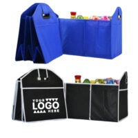 Foldable non woven trunk organizer with compartments displayed in open position.