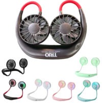 Dual head wearable neck fan with two adjustable fans and curved neck band design.