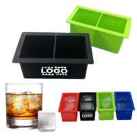 Customizable silicone ice cube tray designed to create large 2-inch square ice cubes. Ideal for whiskey, cocktails, and other beverages. Made from FDA-approved food-grade silicone and reusable, with customizable color options available for orders of 2,000 or more."
